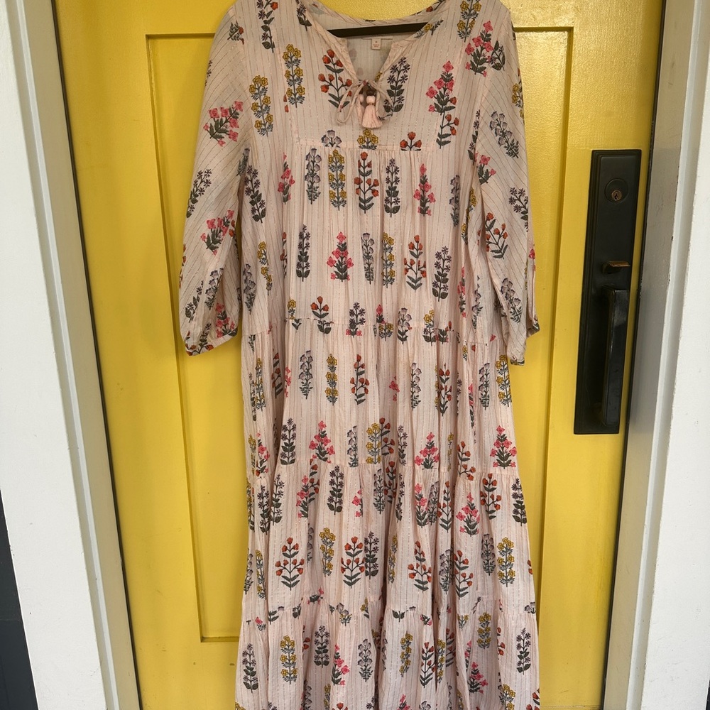 Pink Chicken Cream Midi Dress with Pink, Yellow & Green Floral Print